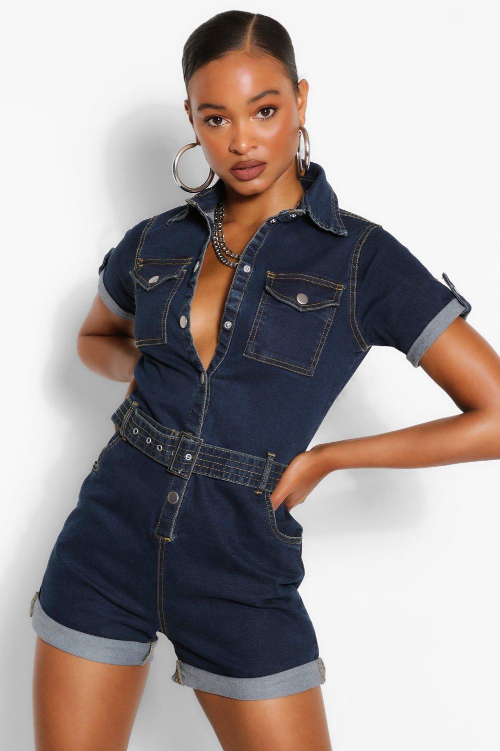 Buckle Belted Fitted Denim Romper